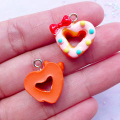 Kawaii Doughnut Charms | Heart Donut Resin Pendant | Miniature Food Jewellery Making (Pink / 2pcs / 19mm x 19mm)