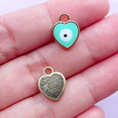 Evil Eye Charms in Heart Shape | Nazar Stink Eye Enamel Pendant | To Mati Spiritual Turkish Jewellery Findings (Gold / 3pcs by Random / 10mm x 13mm)