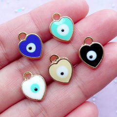 Evil Eye Charms in Heart Shape | Nazar Stink Eye Enamel Pendant | To Mati Spiritual Turkish Jewellery Findings (Gold / 3pcs by Random / 10mm x 13mm)