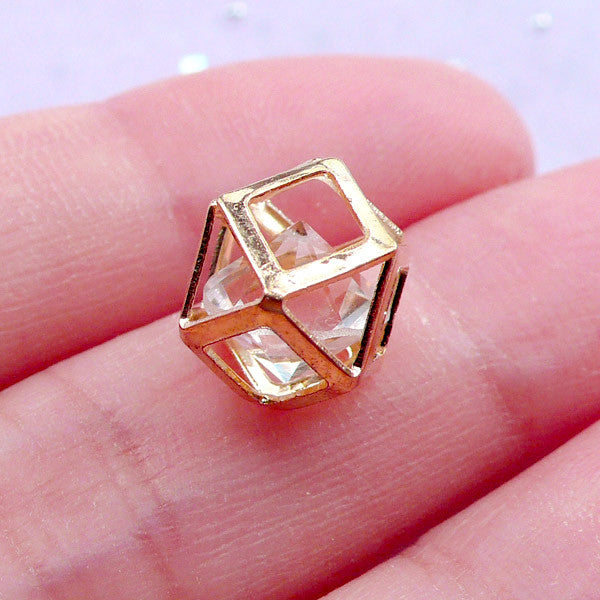 Geometric Cage with Floating Crystal Bead | Stringing Supplies | Everyday Necklace Making (Gold / 1 piece / 9mm x 12mm)