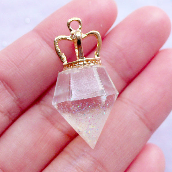 DEFECT Glittery Diamond Charm with Crown | 3D Geometry Pendant with Holographic Glitter & Confetti | Kawaii Princess Lolita Fairy Kei Jewelry DIY (Gold & AB Clear / 1 piece / 16mm x 32mm)