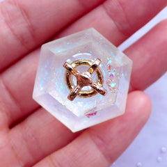 DEFECT 3D Diamond Pendant with Holographic Confetti & Glitter | Glittery Geometry Charm with Crown | Kawaii Lolita Fairy Kei Princess Jewelry Making (Gold & AB Clear / 1 piece / 29mm x 37mm)