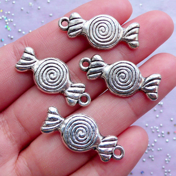 Clearance Taffy Candy Charms | Kawaii Sweets Pendant | Cute Jewelry Making | Silver Metal Charm Supplies (4pcs / 12mm x 27mm / Tibetan Silver / 2