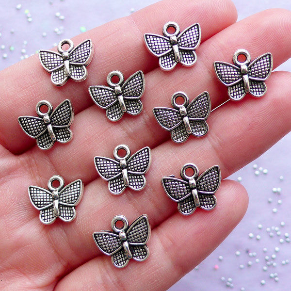 Small Butterfly Charms | Silver Insect Drop | Metal Animal Pendant | Jewelry Craft Supplies (10pcs / Tibetan Silver / 13mm x 11mm)