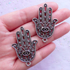 Hamsa Hand with Evil Eye Charms | Filigree Protection Pendant | Khamsa Palm Charm | Religion & Yoga Jewellery DIY (2pcs / Tibetan Silver / 28mm x 42mm)