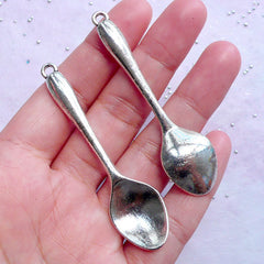 Silver Spoon Charms | Big Cutlery Charm | Metal Utensil Pendant | Fake Food Crafts (2pcs / Tibetan Silver / 17mm x 66mm)