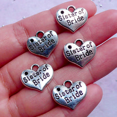Sister of Bride Charms in Heart Shape | Wedding Supplies | Favor Decoration | Bridesmaid Gift Packaging (5pcs / Tibetan Silver / 16mm x 14mm / 2 Sided)