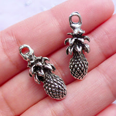 CLEARANCE 3D Pineapple Charms | Silver Tropical Fruit Pendant | Hawaiian Jewelry DIY (2pcs / Tibetan Silver / 9mm x 24mm / 2 Sided)