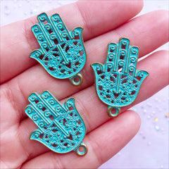 CLEARANCE Hamsa Hand Green Patina Charms | Khamsa Palm Pendant | Fatima Hand | Miriam Hand | Protection Jewelry DIY (3 pcs / Antique Bronze / 2 Sided / 21mm x 28mm)