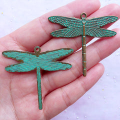 Big Dragonfly Green Patina Pendant | Large Insect Charms | Jewelry Charm Supplies (2 pcs / Antique Bronze / 47mm x 42mm)