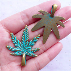 Big Marijuana Green Patina Charms | Large Pot Leaf Pendant | Hippie Weed Charms | Cannabis Jewelry DIY (2 pcs / Antique Bronze / 34mm x 41mm)