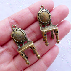 Antique Chair Charms in 3D | Vintage Furniture Pendant | Dollhouse Miniature Jewelry Making (2pcs / Antique Bronze / 15mm x 32mm)