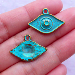 Green Patina Evil Eye Charms | Nazar Pendant | Religion Protection Charm Supplies | Yoga Jewellery DIY (3 pcs / Antique Bronze / 22mm x 15mm)