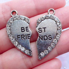 Best Friends Charms with Rhinestones | Heart Message Pendant | Friendship Forever Jewellery DIY (1 set of 2 pcs / Tibetan Silver)