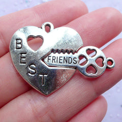 Heart and Key Best Friends Charms | Friendship Pendant | Friend Forever Message Jewellery Making (2 Sets / Tibetan Silver)