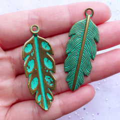 CLEARANCE Green Patina Feather Charms | Large Feather Pendant | Bird Charm | Native Tribal Jewellery DIY (2 pcs / Antique Bronze / 16mm x 45mm)