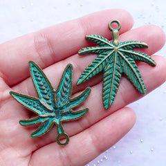 Green Patina Pot Leaf Charms | Marijuana Pendant | Cannabis Weed Grass Charms | Hippy Necklace Making (2 pcs / Antique Bronze / 32mm x 37mm)
