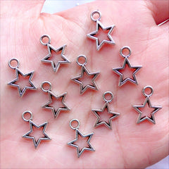 Small Star Open Bezel Charms | Little Star Outline Pendant | Mini Hollow Star Drop | Kawaii Jewellery Making (10pcs / Tibetan Silver / 11mm x 15mm / 2 Sided)