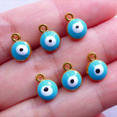 CLEARANCE Blue Evil Eye Charms | Mini Nazar Stink Eye Pendant | Turkish Protection Charm Supplies | Enameled Jewellery Making (6pcs / Gold & Blue / 7mm x 9mm / 2 Sided)