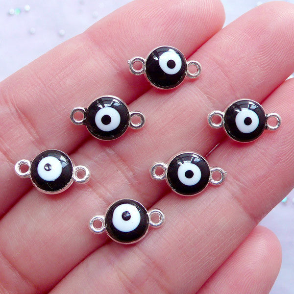 Tiny Nazar Charm Connector | Enameled Evil Eye Charm Link | Protective Talisman Jewelry DIY (6pcs / Silver & Black / 7mm x 12mm / 2 Sided)