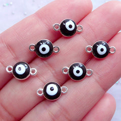 Tiny Nazar Charm Connector | Enameled Evil Eye Charm Link | Protective Talisman Jewelry DIY (6pcs / Silver & Black / 7mm x 12mm / 2 Sided)