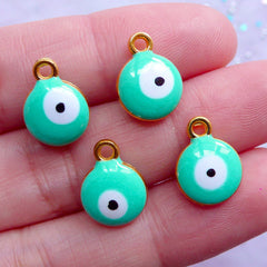 CLEARANCE Small Evil Eye Charm | Enamel Nazar Pendant | Good Luck Charm | Talisman Jewellery Making (4pcs / Gold & Turquoise / 10mm x 13mm / 2 Sided)