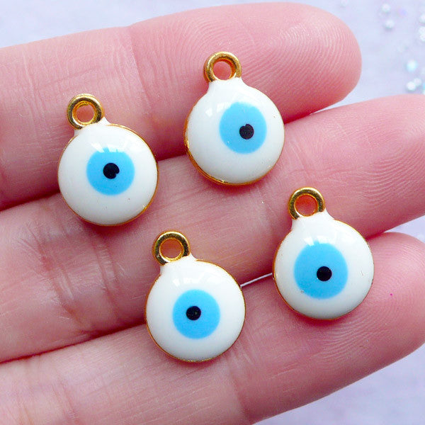 CLEARANCE Enamel Sacred Charm | Little Evil Eye Charms | Nazar Talisman Pendant | Spiritual Lucky Jewelry (4pcs / Gold & White / 10mm x 13mm / 2 Sided)