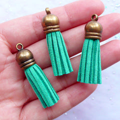 Faux Leather Tassels with Antique Bronze Cap | Small Fringe Tassel Charms | Tassel Jewelry Making | Suede Tassel Necklace DIY (3pcs / Teal Turquoise Blue Green / 10mm x 38mm)