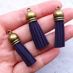 Small Fringe Tassels with Antique Bronze Cap | Faux Suede Tassel Pendant | Leather Tassel Charms | Fringe Necklace Making | Jewellery Findings (3pcs / Navy Blue / 10mm x 38mm)