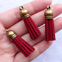 Suede Leather Tassels with Antique Bronze Cap | Fringe Tassels Jewelry Making | Colored Tassel Charms | Fringe Bracelet DIY (3pcs / Wine Red / 10mm x 38mm)