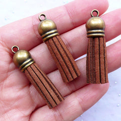 Colored Fringe Tassels with Antique Bronze Cap | Synthetic Suede Leather Tassels | Fringe Jewelry DIY (3pcs / Brown / 10mm x 38mm)