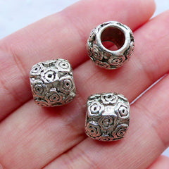 Silver Flower Beads | Barrel Bead with Floral Pattern | Large Hole Slider Bead | European Charm Bracelet Making (3pcs / Tibetan Silver / 10mm x 9mm)