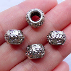 CLEARANCE Barrel Beads in Scrolling Pattern | Silver European Bead Supplies | Big Hole Slider Bead | Charm Bracelet & Dreadlock Jewelry Making (4pcs / Tibetan Silver / 10mm x 7mm)