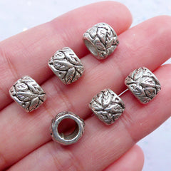 CLEARANCE Silver Leaf Beads | Barrel Bead in Leaves Pattern | Large Hole Bead Supplies | Floral European Bracelet (6pcs / Tibetan Silver / 9mm x 7mm)