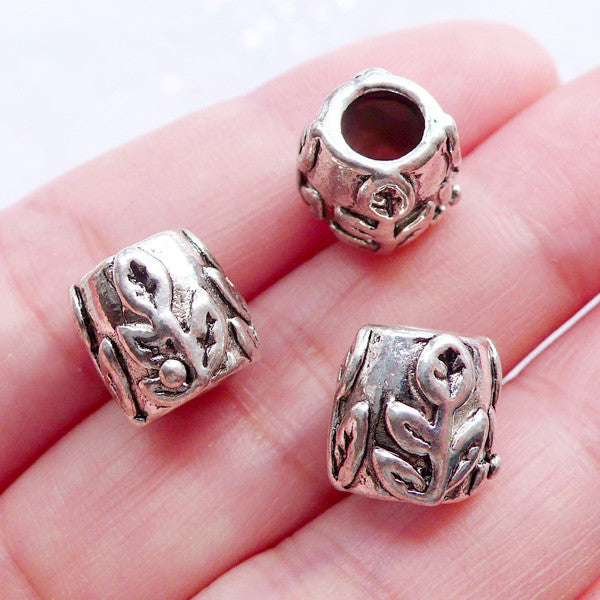 Leaf Beads | Floral Barrel Bead with Pattern of Leaves | Big Hole Slider Bead | Silver European Bead Supplies | Charm Bracelet Making (3pcs / Tibetan Silver / 10mm x 10mm)
