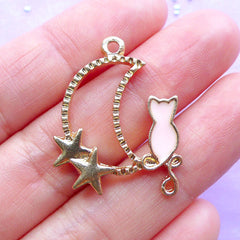 Crescent Moon & Kitty Open Backed Bezel | Hollow Moon Charm | Cute Deco Frame for UV Resin Crafts | Kawaii Jewellery Supplies (1 piece / Gold & Pink / 22mm x 29mm)