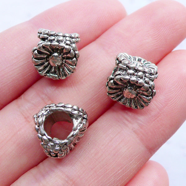 Sunflower Beads | Silver Flower Bead | Floral Charm Bracelet DIY | Focal Beads | Large Hole European Bead Supplies (3pcs / Tibetan Silver / 10mm x 10mm)