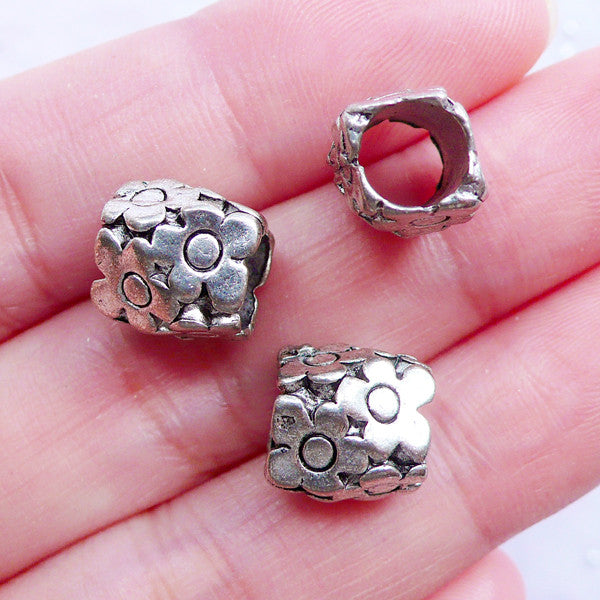 Daisy Flower Beads | Silver Barrel Tube Beads | Floral Dreadlock Beads | Big Hole Slider Bead | European Beads | Charm Bracelet & Necklace DIY (3pcs / Tibetan Silver / 10mm x 10mm)