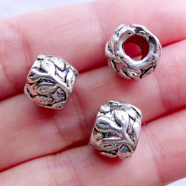 Leaf Barrel Beads | Silver Floral Bead with Leaves Pattern | Large Hole European Bead | Nature Charm Bracelet DIY (3pcs / Tibetan Silver / 11mm x 9mm)