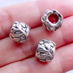 Leaf Barrel Beads | Silver Floral Bead with Leaves Pattern | Large Hole European Bead | Nature Charm Bracelet DIY (3pcs / Tibetan Silver / 11mm x 9mm)