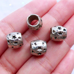 CLEARANCE Star Barrel Beads | Silver Dreadlock Beads with Star Pattern | Large Hole Slider Beads | Dread Jewellery | European Charm Bracelet Making (4pcs / Tibetan Silver / 10mm x 9mm)