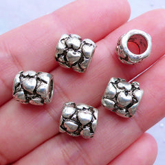 Silver Heart Tube Beads | European Barrel Bead | Big Hole Slider Beads | Charm Bracelet Making | Dreadlocks Jewelry | Wedding Decoration (5pcs / Tibetan Silver / 9mm x 9mm)