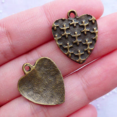 Bronze Heart Charms with Puzzle Pattern | Heart Pendant with Cross Pattern | Love Decor | Wedding Supplies | Valentine's Day Decoration (5pcs / Antique Bronze / 17mm x 20mm)