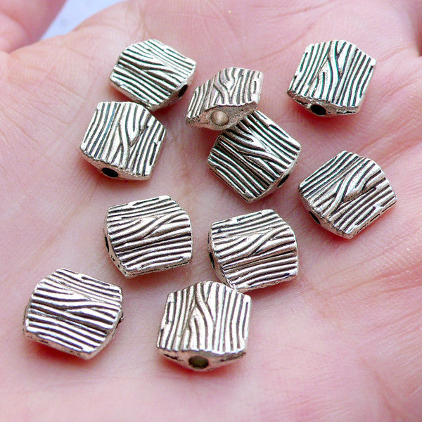 CLEARANCE Silver Flat Beads with Wood Texture Pattern, Bracelet & Nec, MiniatureSweet, Kawaii Resin Crafts, Decoden Cabochons Supplies