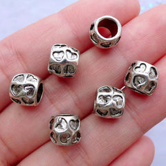 Heart Barrel Beads | Silver European Bead Supplies | Wedding Favor Embellishments | Valentine's Day Decor | Big Hole Slider Beads (6pcs / Tibetan Silver / 9mm x 7mm)