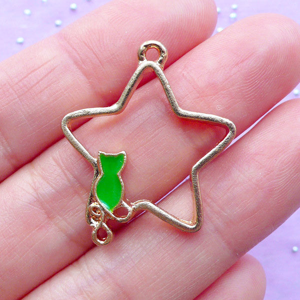 Star & Cat Open Back Bezel | Magical Girl Charm | Kawaii Jewelry Supplies | Cute Deco Frame for UV Resin Filling (1 piece / Gold & Green / 24mm x 29mm)