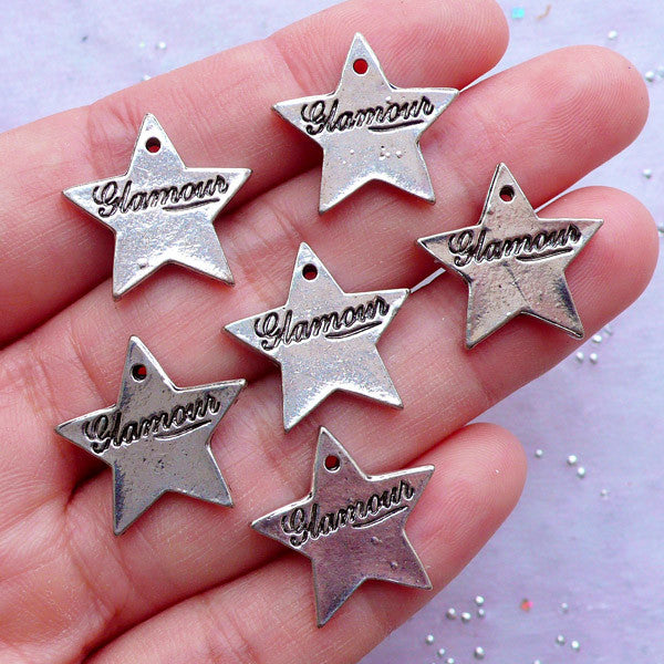 Glamour Star Tag Charms | Silver Star Pendant | Glam Rock Jewellery Making | Wine Glass Charm | Party Decoration (6pcs / Tibetan Silver / 19mm x 18mm