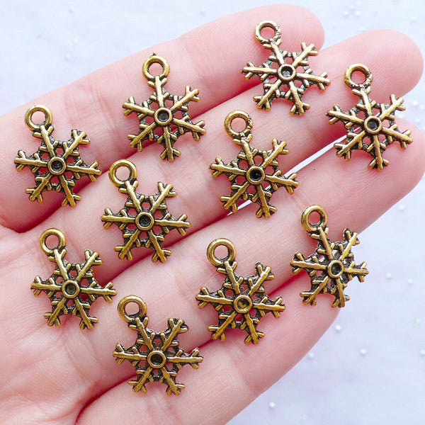 Clearance Gold Snow Flake Charms | Snowflake Pendant | Christmas Party Decoration | Wine Glass Charm | Winter Embellishments (10pcs / Antique Gold /