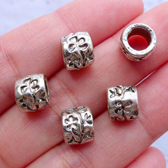 CLEARANCE Floral Barrel Beads | Flower Bead Supplies | Large Hole Silver Beads | European Charm Bracelet | Nature Jewellery DIY (5pcs / Tibetan Silver / 8mm x 7mm)