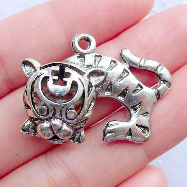 Asian Tiger Charms Silver Tiger Pendant Large Animal Charm